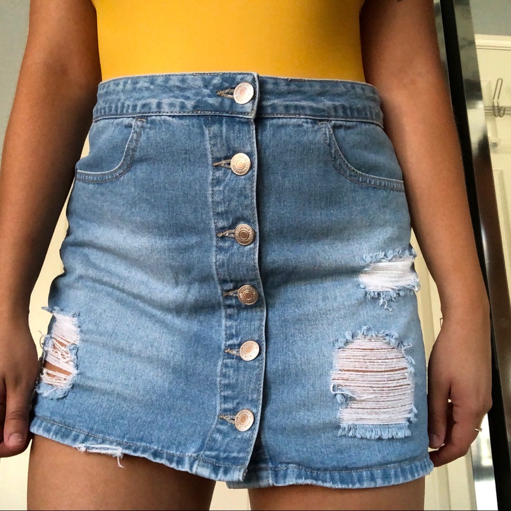 button down distressed denim skirt